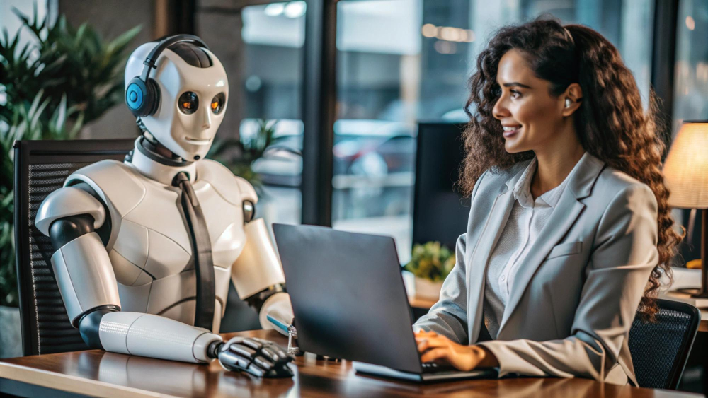 Inteligencia artificial en selección - Autómata y Mujer trabajando en oficina